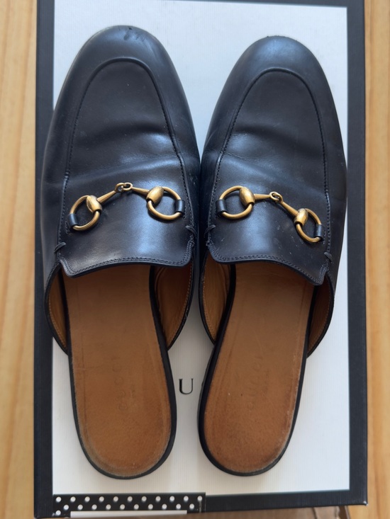 Gucci Shoes - Black Leather Backless Loafers with Gold Horsebit Accent